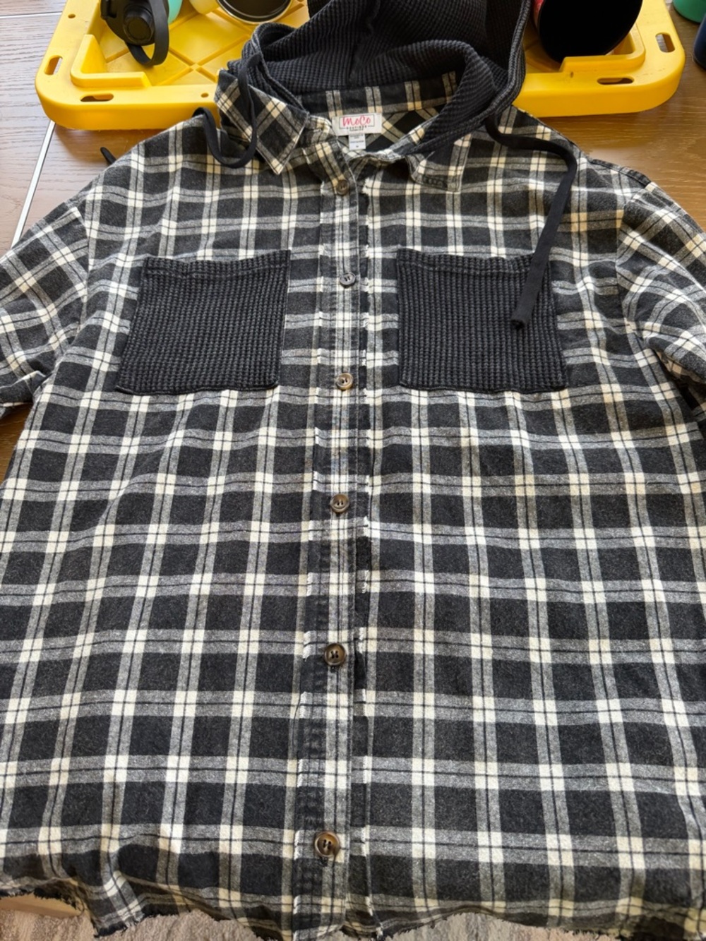 Women's Black & White Plaid Button-Down Hooded Shirt